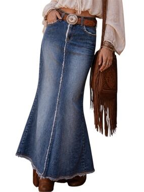 S-Marque Jeans Y2K Denim Maxi Skirt Raw Hem Flare Panel Blue Jean Skirt Medium